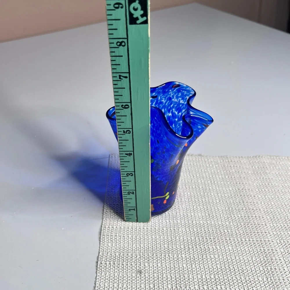 Hand Blown Cobalt Blue Confetti Glass Vase Ruffled Handkerchief Rim‎ 5.5 Inch